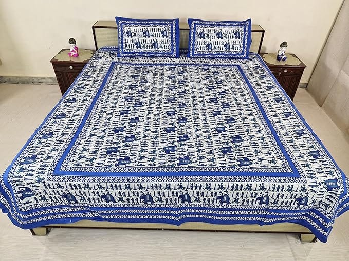 Bedsheet Set Hand Block Printed Cotton with Pillow Covers, Intricate Ethnic Rajasthani Design, 100% Cotton, 210 x 226 cm, Indigo Blue,Best for Single Bed & Big Deewan Sets