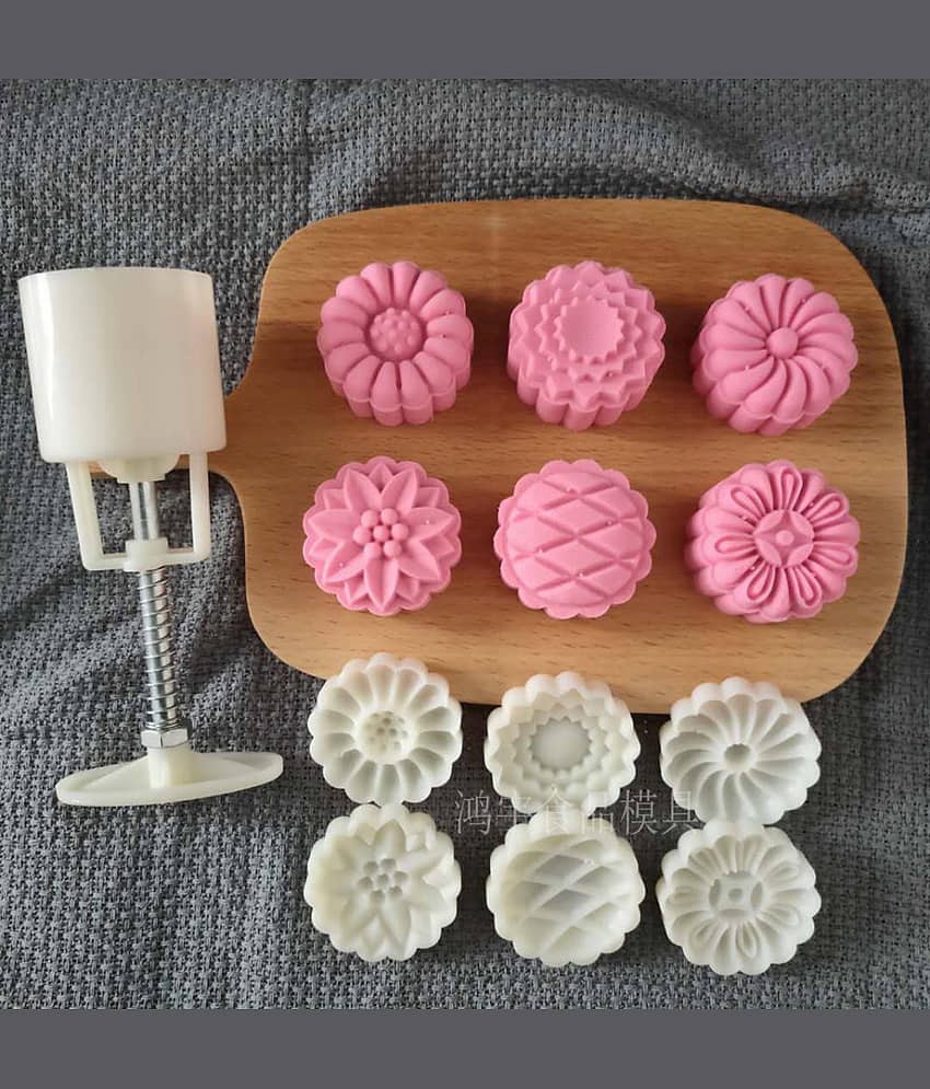 DIY Mooncake Mold Press for Baking | Food Grade Plastic with 5 Flower Stamps | Easy to Use Cookie Biscuit Cutter, Pastry Making Tool, Fondant & Chocolate Mold for Festival Moon Cake Decorating