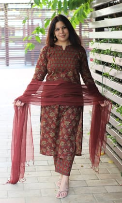 Cotton Rusty Red Ajrakh Print Suit with Kota Doria Dupatta-XXS