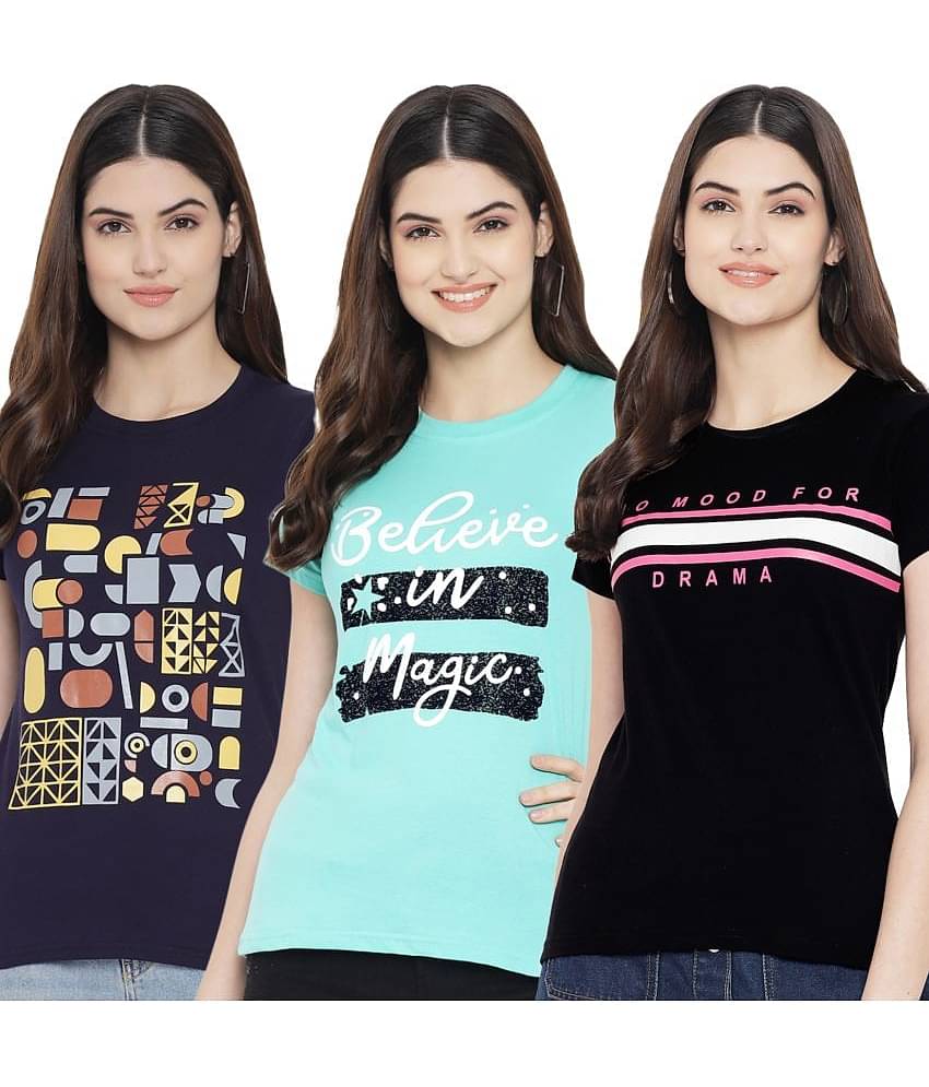 Fabflee Women Cotton Blend Printed Regular Fit Round Neck T-Shirt ( Multi Color )