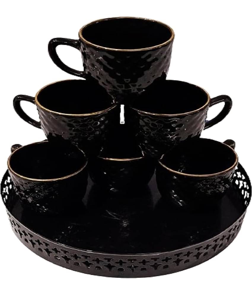 R.R.V. International BLACK 6 CUP WITH  METAL TRAY Plain Steel Dinner Set ( Pack of 1 ) Multicolor
