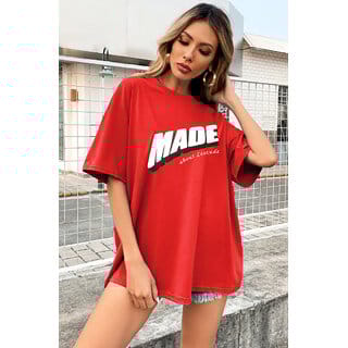 Leotude Red Printed Cotton Blend Round Neck Half Sleeve T-Shirts For Womens