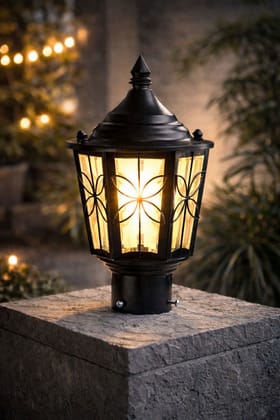 SPARKWORLD Waterproof Maharaja Round Outdoor Gate Light | Black Finish Garden Lamp for Gate, Pole & Outdoor Use Clear Glass | Colour: 522 Gate Light
