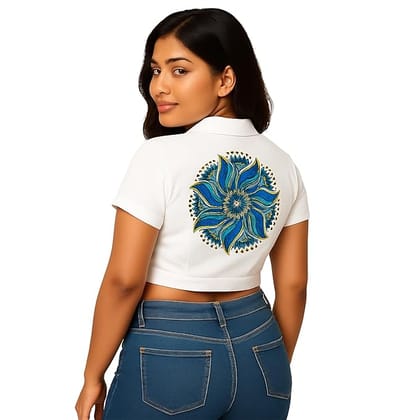 EqualLife Crop Top Shirt for Women-with Tie-Up Front, Button Down-Mandala Back Print -EQCT900111