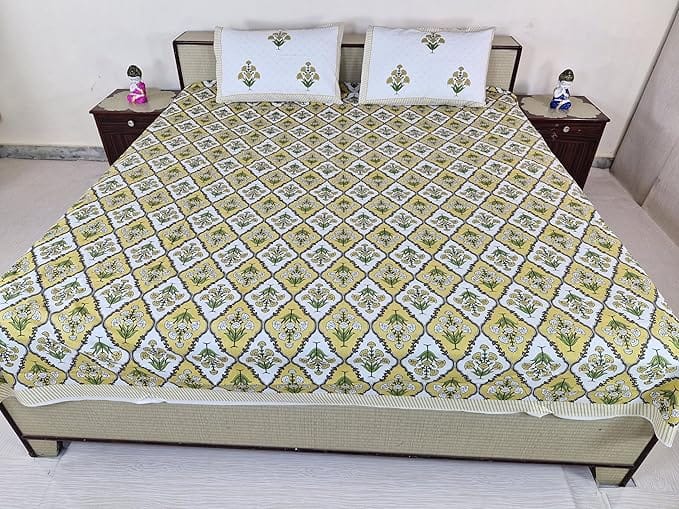 Bedsheet Set with Pillow Covers,Printed Cotton, Floral Design, Yellow and Green, Size 210 cm X 226 cm, Best use at Single Bed and Deewan