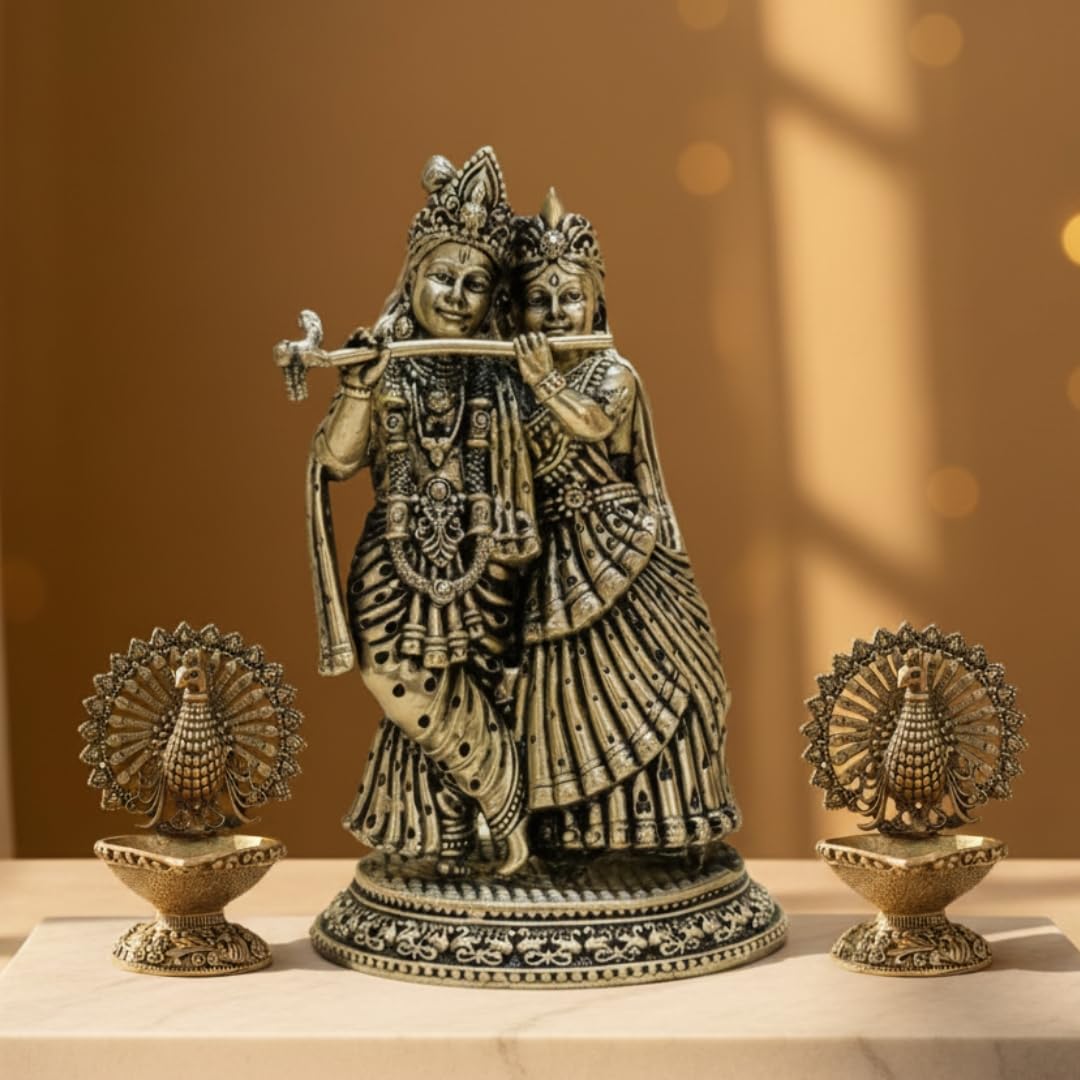 Sukh Sehaj Brass Shree Radha Krishna Murti & Mayura Diyas Worship Combo Set : Preet