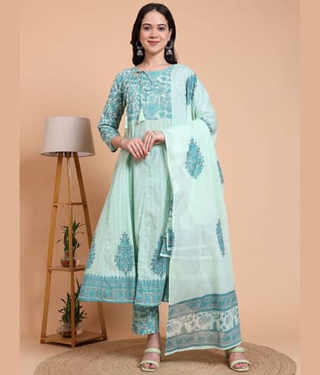 Yash Gallery Women Cotton Printed Anarkali Kurti With Pants ( Green )