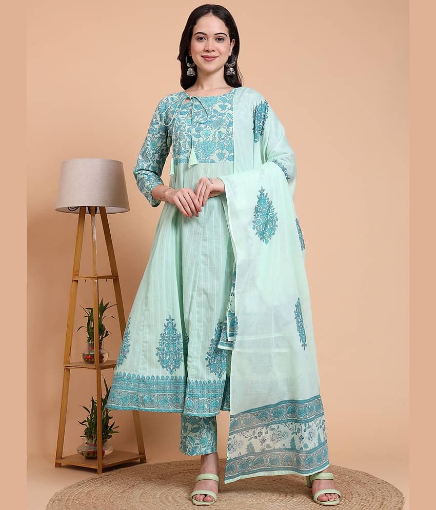 Yash Gallery Women Cotton Printed Anarkali Kurti With Pants ( Green )