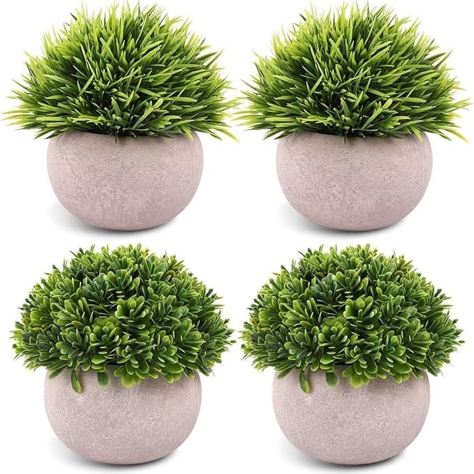 4 Packs Artificial Potted Plants Bathroom Fake Shelf Plant Office Table Decor Mini Green Faux Topiary Kitchen Cabinet Farmhouse Decorations (4 Plastic Pots)