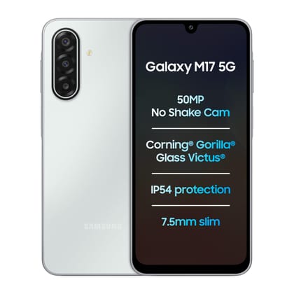 Samsung Galaxy M17 5G Mobile (Moonlight Silver, 4GB RAM, 128GB Storage) | 50MP OIS Triple Camera | Gorilla Glass Victus| IP54 | 6 Gen OS Upgrades | AI | Gemini Live | Lag-free Gaming | Without Charger Samsung Galaxy M17 5G Mobile (Moonlight Silver, 4GB R