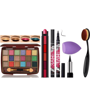 swenky eyeshadow with 5in1 lipstick eyeliner kajal beauty blender puff & oval brush (Pack of 7)