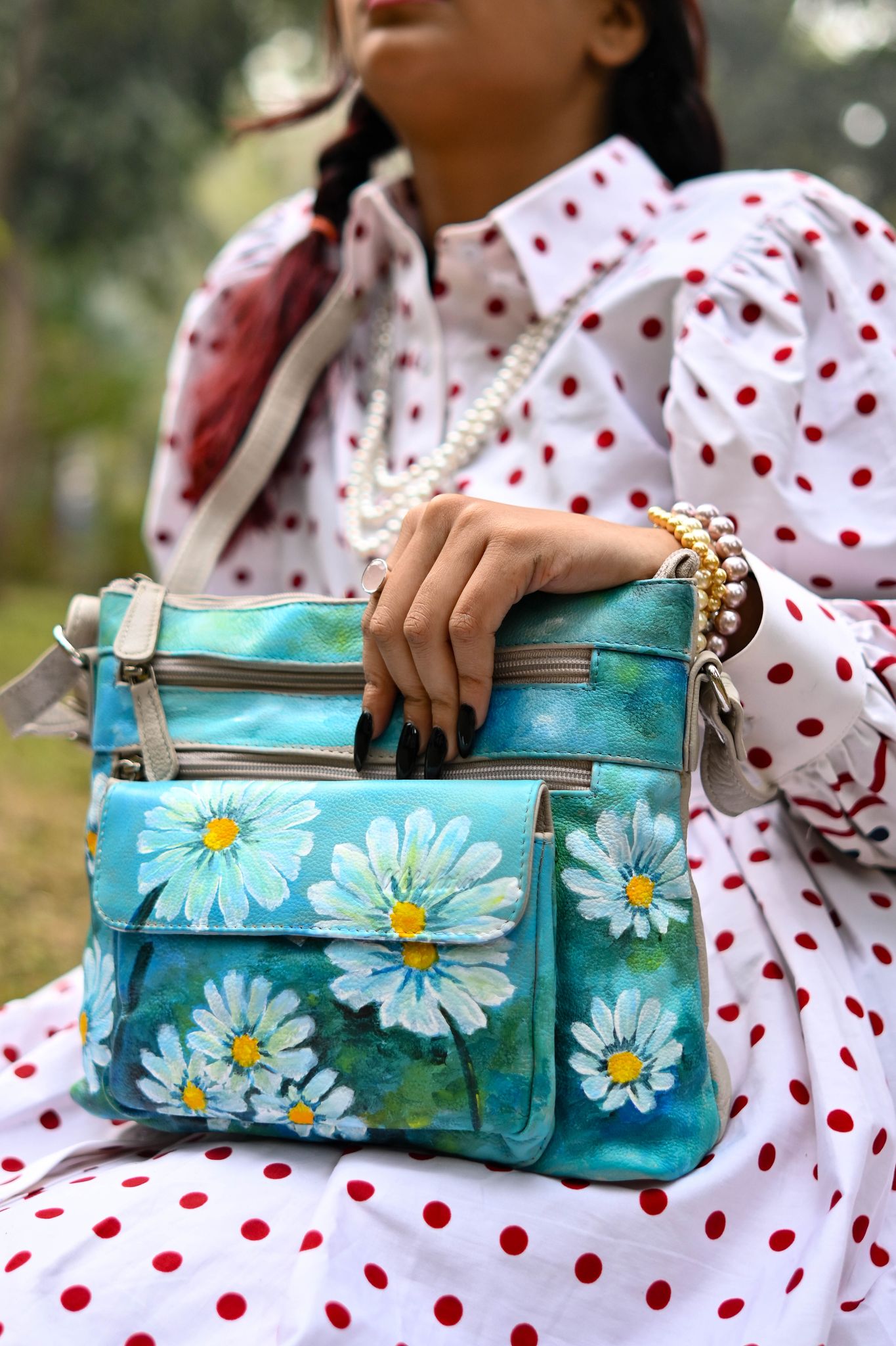 Hand Painted "White Pansy" Hand Painted Leather Bag