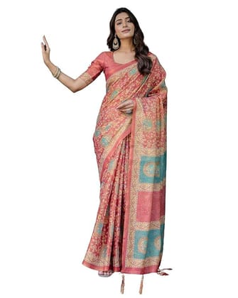 Cotton Handloom Saree, Floral Printed, Blue and Beige with Tassels, 5.5 Metres with 0.8 Metre Blouse