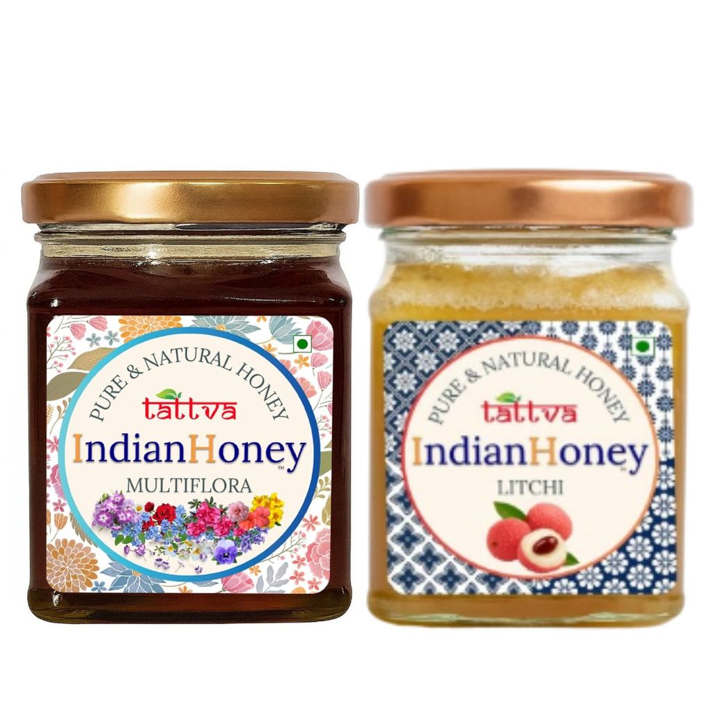IndianHoney Himalayan Multiflora & Buttery & Cognitive-Boosting Litchi Honey Combo Pack (230gm & 230gm)