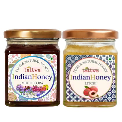 IndianHoney Himalayan Multiflora & Buttery & Cognitive-Boosting Litchi Honey Combo Pack (230gm & 230gm)