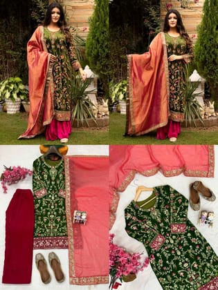 Shiv Textiles Women's Green Velvet Suit Set with Dupatta Size M Sequence Work Party Wear Ethnic Ensemble Premium Winter Fashion Traditional Indian Outfit Ready to Wear