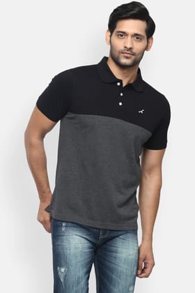 Men's Polo Collar T-Shirt - Black & Charcoal Melange-Medium / Black & Charcoal Melange