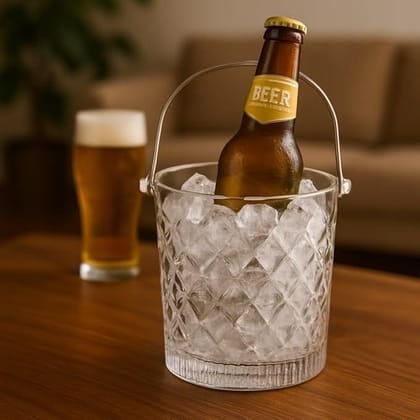 Premium Glass Ice Bucket with Steel Handles and Tong, 980 ML, Elegant Diamond Texture, Perfect for Parties and Bar Setups, Easy Use and Classy Presentation, 1 Set