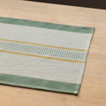 Eyaas Striped Block-Printed Cotton Canvas Table Runner in Dull Green and Grey  13 x 60 Inches