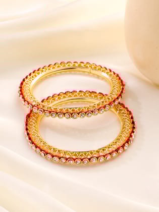 NVR Women Set of 2 Gold Plated Red Kundan Studded Bangles-XS / Gold / Alloy