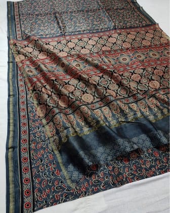 Lehrayein Chanderi Silk Clear Blue Ajrakh Printed Saree