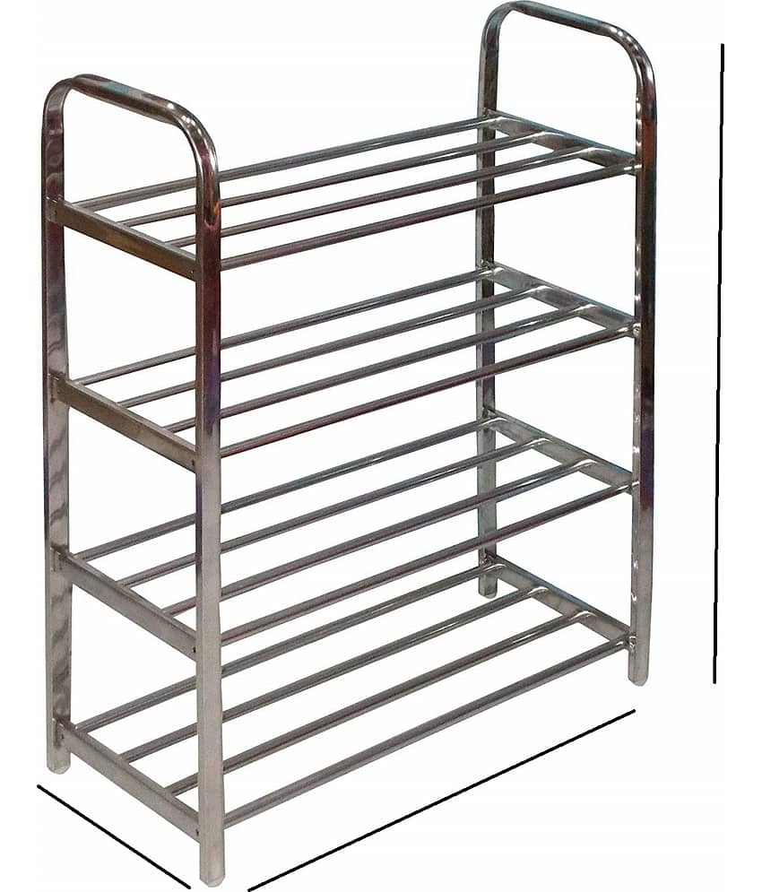 Stainless Steel Portable & Folding Shoe Rack - Silver | 4 Metal Layer Book Cloth Shelf Storage Organizer | Multipurpose Shoes Stand Rack | Durable & Sturdy Construction - STL4SHRK-N12