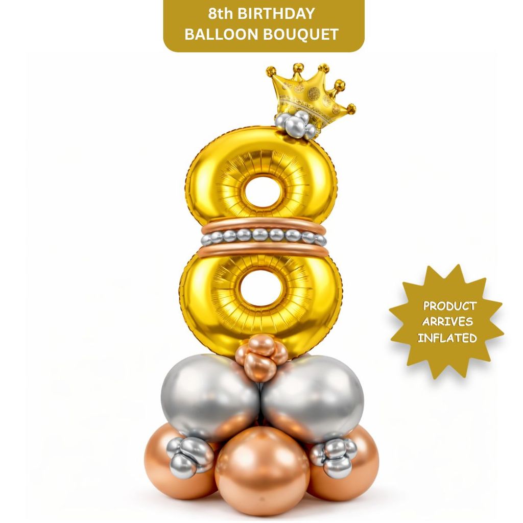 Royal Number 8 Large Golden Balloon Bouquet Arrangement with Small Crown & Silver, Rosegold Latex Balloons - Party and Festive Needs | Buy online on ZillyBuy