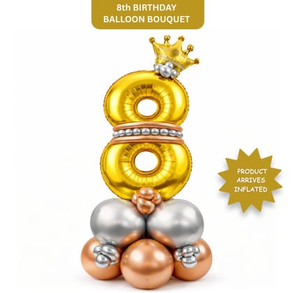 Royal Number 8 Large Golden Balloon Bouquet Arrangement with Small Crown & Silver, Rosegold Latex Balloons