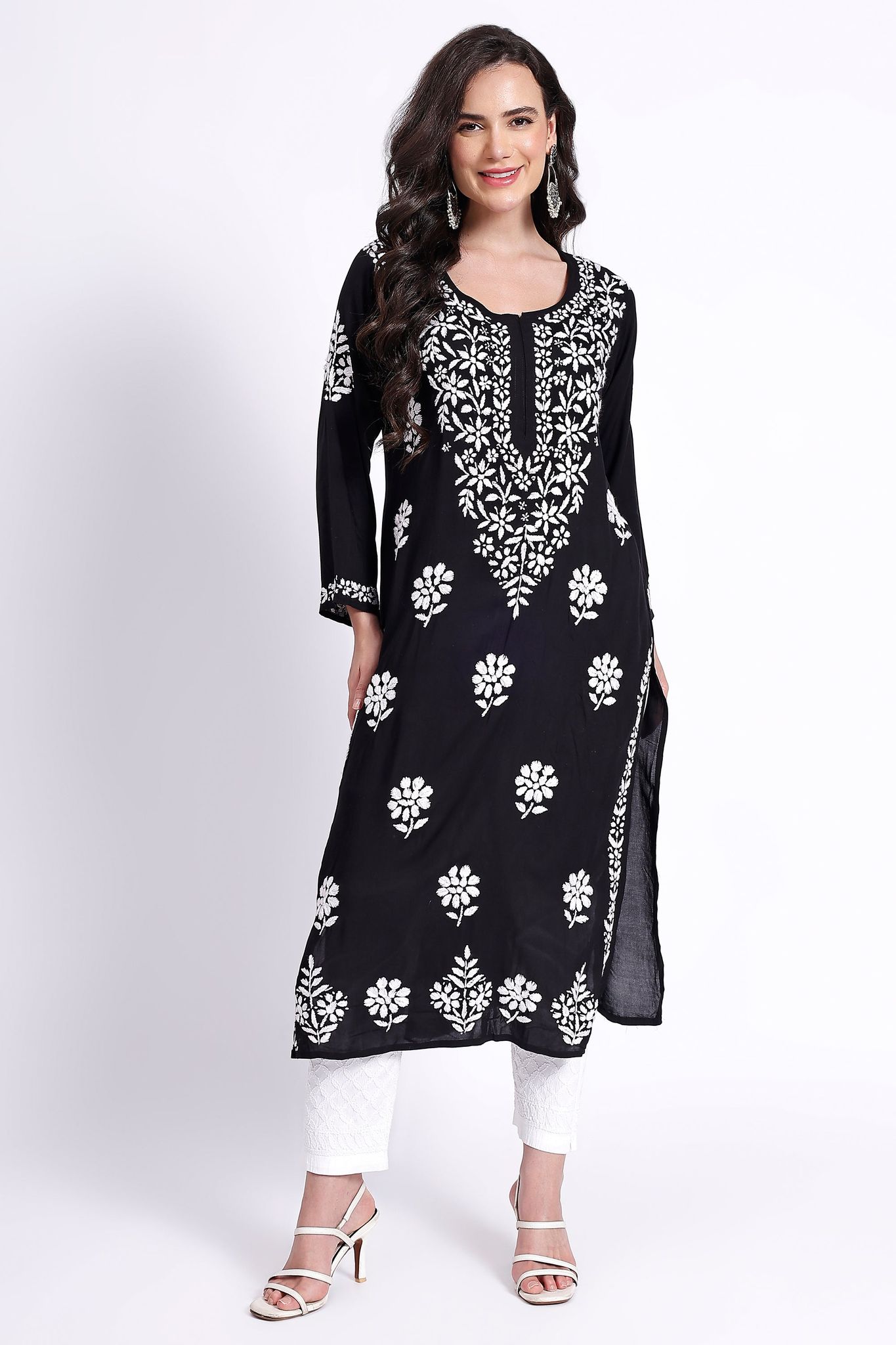 The Chikankari Story Hand-Embroidered Pure Modal Fabric Lucknowi Chikankari Black,Purple and Red Kurta kurti having Traditional 3D Motifs Work.-S / Black