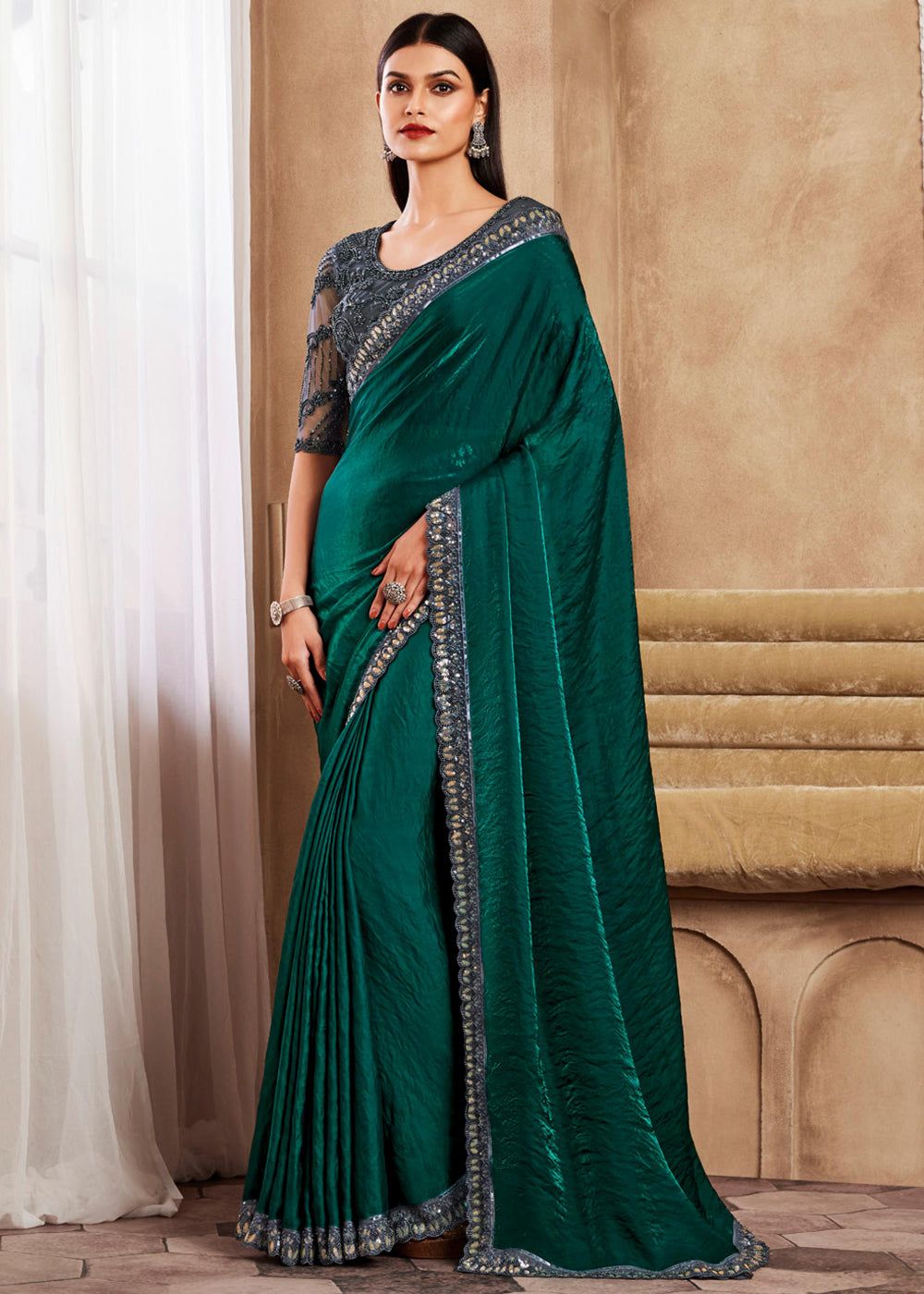 Emerald Green Designer Embroidered Saree