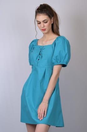 OWO THE LABEL Turquoise Blue Square Neckline Dress (OTL-DRS1021)-Blue / S