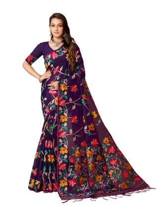 Women's Cotton Printed Saree with Unstitched Blouse (Wine, 5-6 Mtrs)