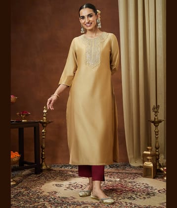 Janasya Women Chanderi Embroidered Straight Kurti ( Beige )