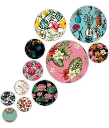 Saf MDF Wooden Round Shape Floral Painting Plates Without Frame (Set of 11)