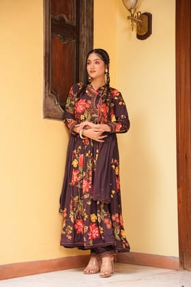 Anarkali Traditional Kurta Set - Wine-Wine / M