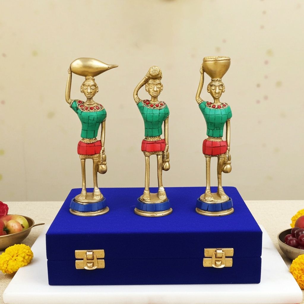 Brass Showpiece Rajasthani Musical Statue Set Of 3 Pcs. With Velvet Box (BSMAS841 B)