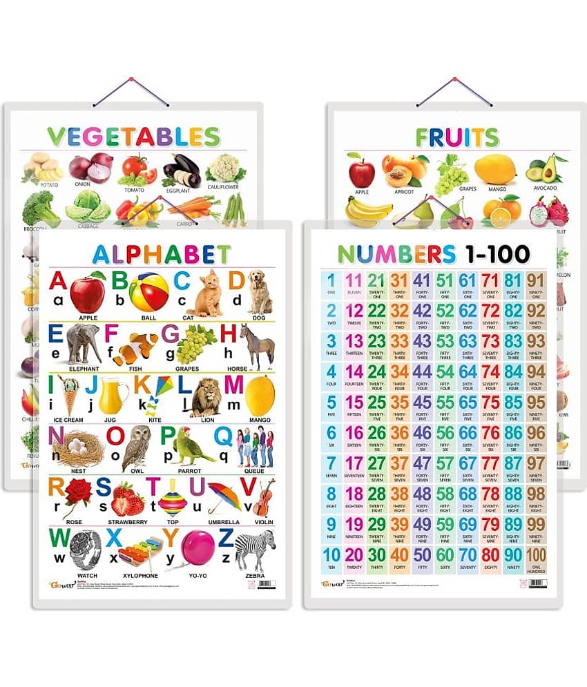 Set of 4 Alphabet, Fruits, Vegetables and Numbers 1-100 Early Learning Educational Charts for Kids | 20"X30" inch |Non-Tearable and Waterproof | Double Sided Laminated | Perfect for Homeschooling, Kindergarten and Nursery Students