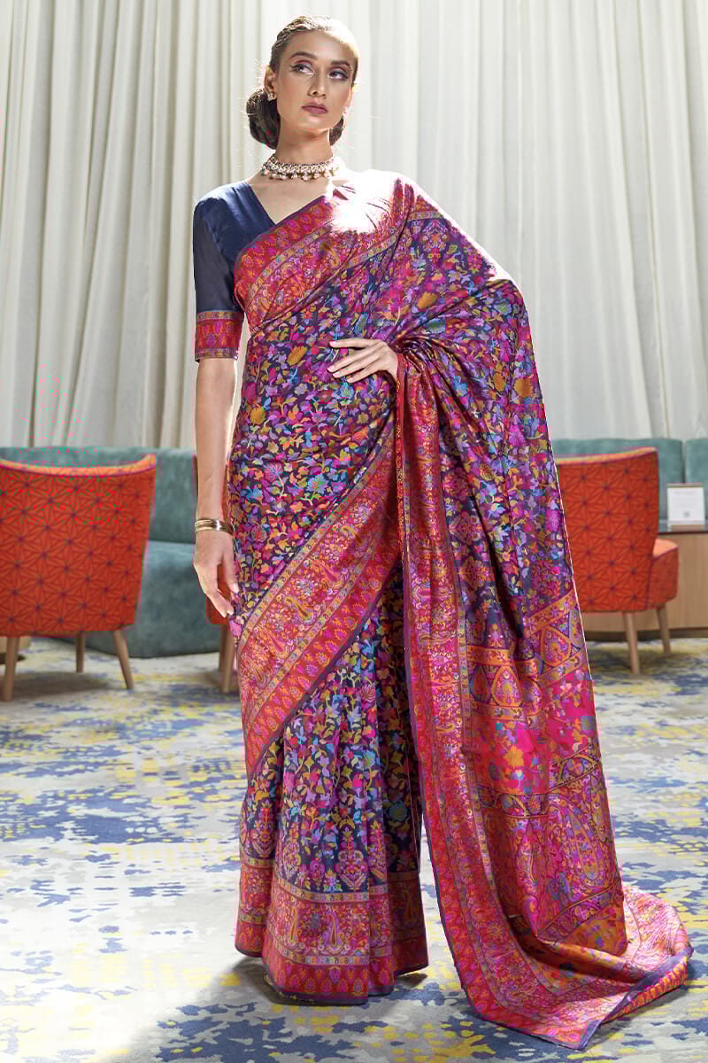 Nevy Blue Banarasi Jamawar Woven Silk Saree