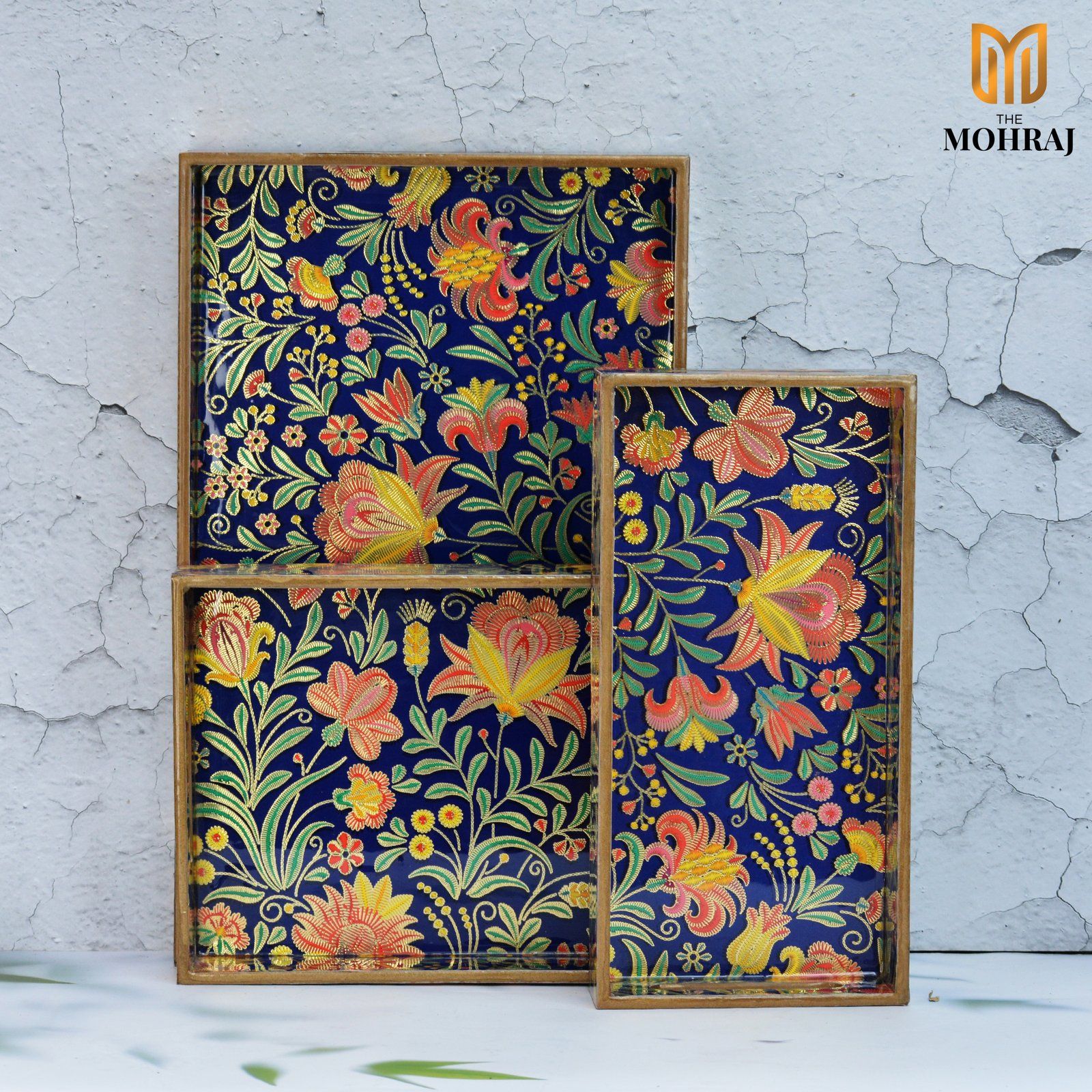 The Mohraj Vibrant Floral Rectangular MDF Trays with Gold Foil Finish Set of 3  