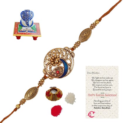 Designer Peacock Rakhi with Lord Ganesha on Marble Chowki and Roli Tikka Matki, Best Wishes Greeting Card