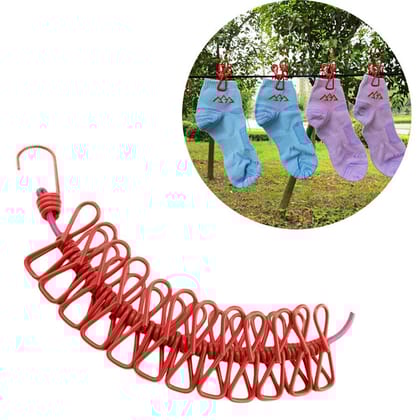 Windproof Clothesline with 12 Clips, Stretchy Retractable Elastic for Indoor Laundry Drying line, Suitable for Indoor and Outdoor, Portable Windproof Non-Slip Drying Rope Pack of 2