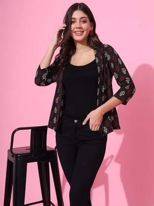 Block print Cotton Open Front Shrug-XS / Black