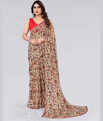 Samah Chiffon Printed Saree With Unstitched Blouse Piece ( Beige )