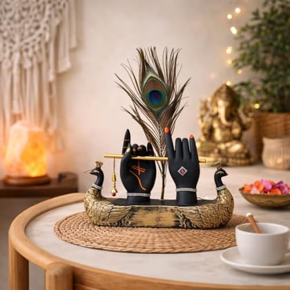 Krishna Hand with Flute & Peacock Feather Idol for Home Decor Gift, Office & Living Room, Peacock Showpiece with