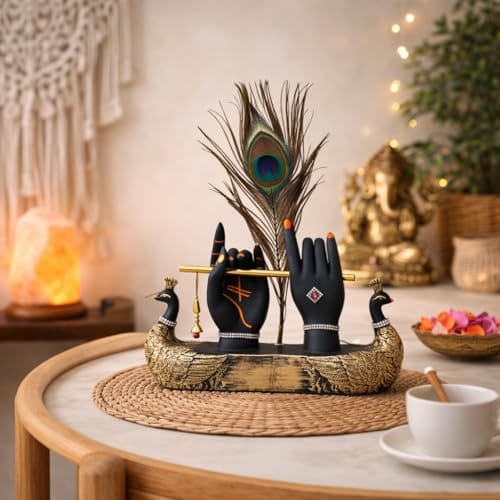 Krishna Hand with Flute & Peacock Feather Idol for Home Decor Gift, Office & Living Room, Peacock Showpiece with