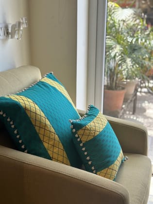 KRI India Stitch Dotted Lines Cushion Cover|16x16 inches | Turquoise Green & Yellow  | Wash & Care | 100% Cotton | Handcrafted in India. 100% organic & natural.