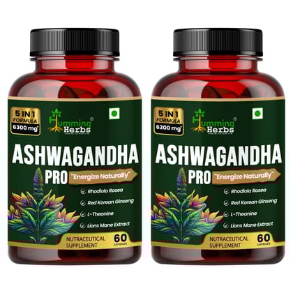 Humming Herbs Ashwagandha Pro - High Potency Adaptogen Blend with Rhodiola Rosea, Red Korean Ginseng, L-Theanine, & Lion's Mane - Natural Stress Relief & Cognitive Support- Pack of 2