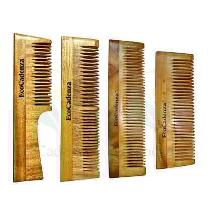 EcoCadenza Wooden Hair Combs, Set of 4, Natural Premium Neem Wood