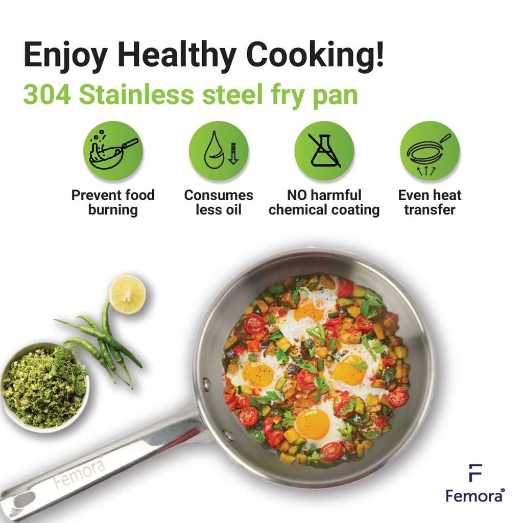 Femora Bottom Triply Stainless Steel 2 Pc Cookware Set, 26 cm Indian Kadai, 24 cm Flat Frypan, Induction Bottom, Gas Ready, Even and Fast Heating, Silver