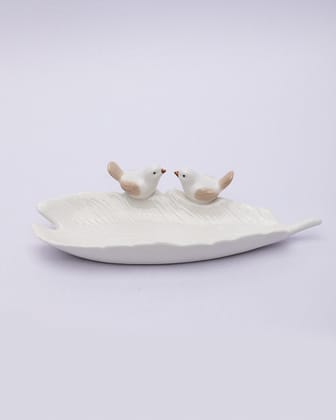 Jewellery Holder Tray, Crafted Bird, for Dressing Table, Ring Dash, Rectangular, White, Ceramic